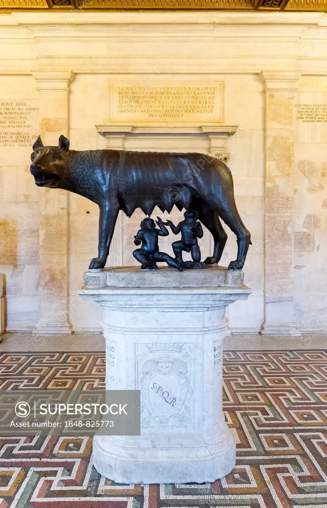 Bronze statue of the Capitoline Wolf, Lupa Capitolina, undated, Romulus and Remus by Antonio Pollaiuolo, from the Renaissance, Capitoline Museums, Cap...