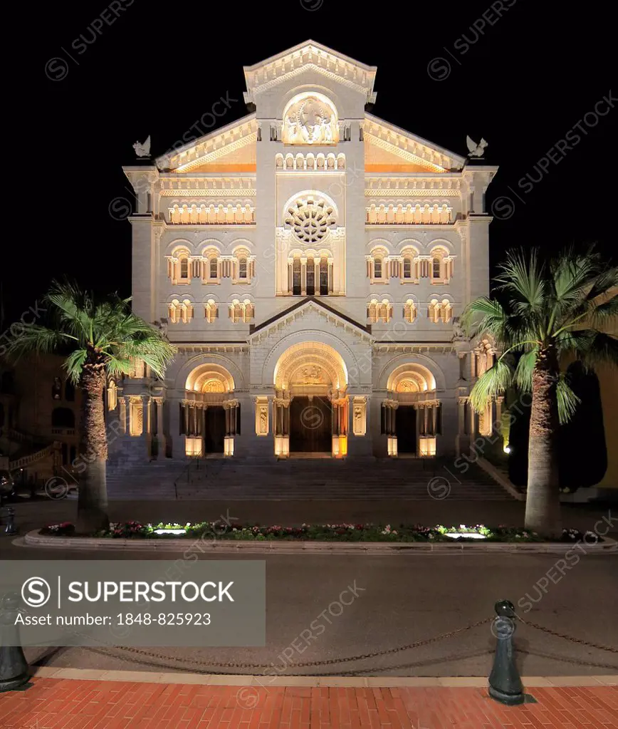 Main facade of the Saint Nicholas Cathedral in the evening, Principality of Monaco