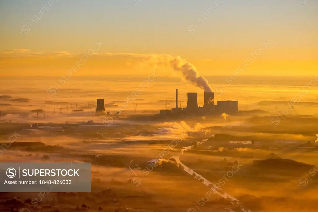 Aerial view, sunrise, Kraftwerk Westfalen power plant of RWE Power, Hamm, Ruhr area, North Rhine-Westphalia, Germany
