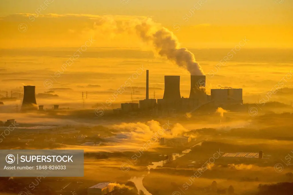 Aerial view, sunrise, Kraftwerk Westfalen power plant of RWE Power, Hamm, Ruhr area, North Rhine-Westphalia, Germany