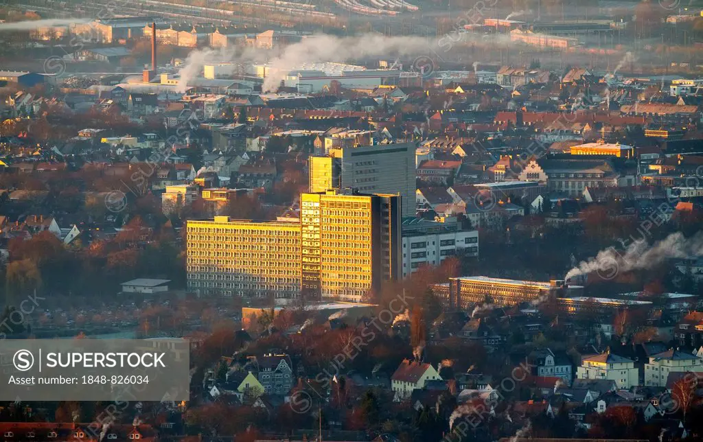 Aerial view, downtown with Oberlandesgericht Hamm Higher Regional Court, morning light, Hamm, Ruhr area, North Rhine-Westphalia, Germany