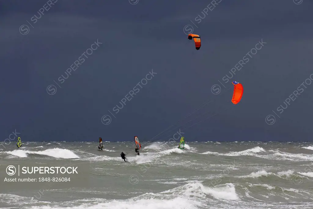 Surfers on the Baltic Sea off Ahrenshoop, Mecklenburg-Vorpommern, Germany