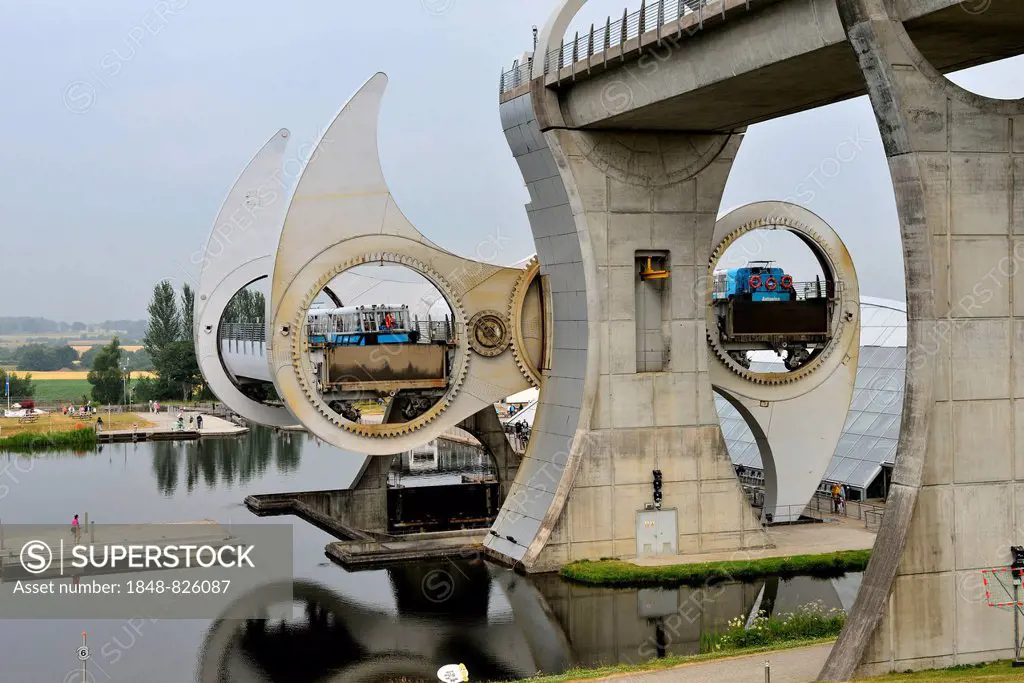 The Falkirk Wheel, unique boat lift in the shape of a ferris wheel, connecting the Forth and Clyde Canal with the Union Canal, Falkirk, Central Scotla...