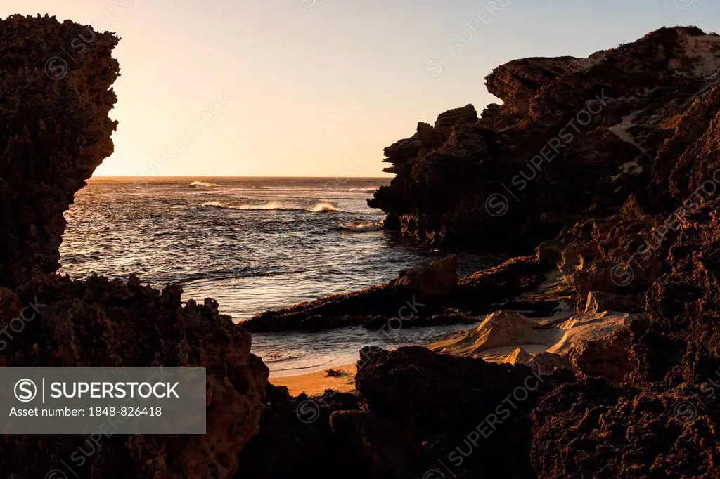 Coastal sandstone formations in evening light, Margaret River, Western Australia, Australia