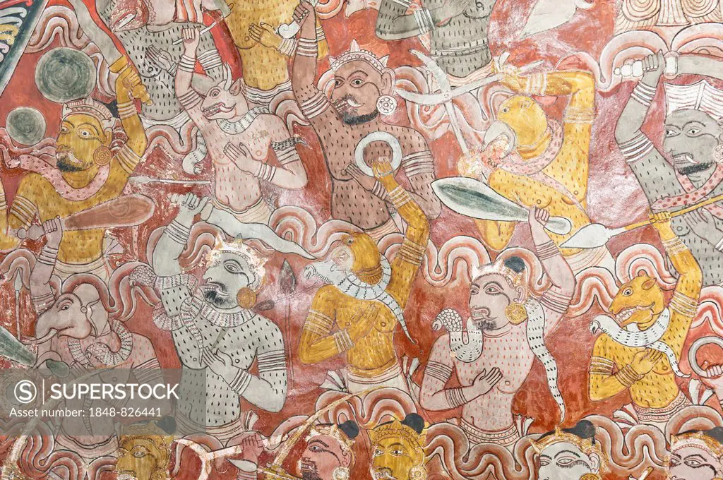 Colourful wall painting, fresco, warriors in a battle, Maharaja-Iena cave, Buddhist cave temple of Dambulla, Golden Temple of Dambulla, Central Provin...