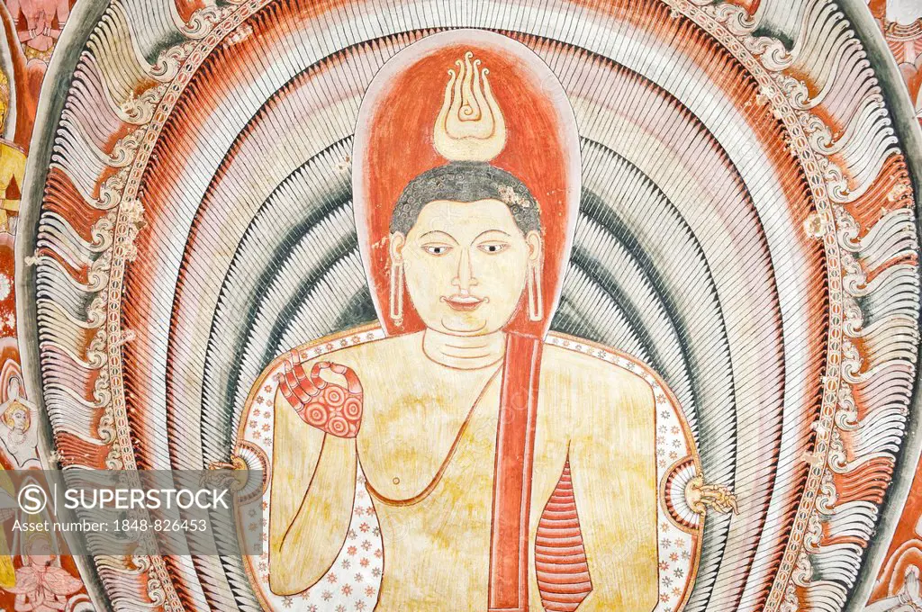 Colourful wall painting, fresco, ornate Buddha, gesture of discussion and Buddhist teaching, Vitarka Mudra, Maharaja-Iena cave, Buddhist cave temple o...