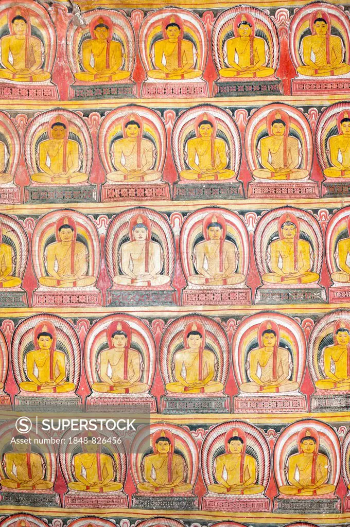 Colourful wall painting, fresco, many Buddhas in meditation, Dhyana Mudra, Maharaja-Iena cave, Buddhist cave temple of Dambulla, Golden Temple of Damb...