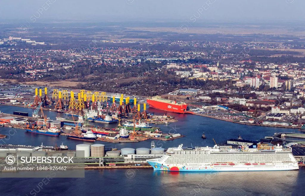 Bremen City Seaport area, north port, port facilities, Weser River, container terminal, loading cars, cruise terminal, cruise ship, Norwegian Breakawa...