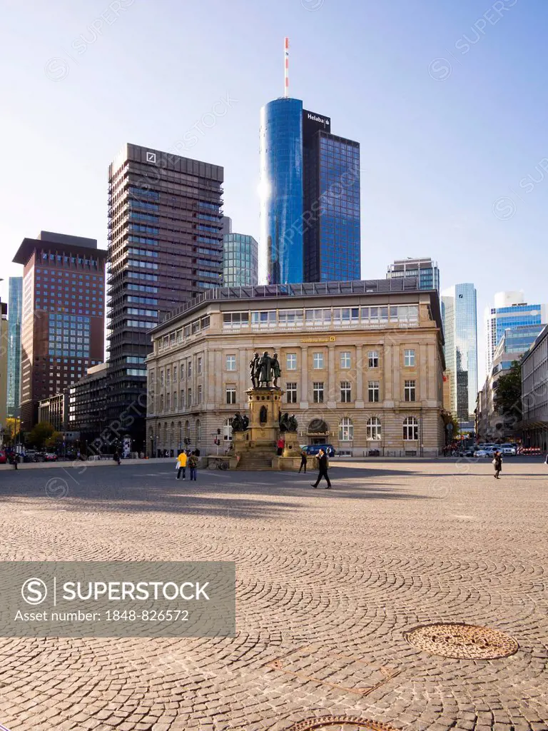 Old building of the Commerzbank with the Gutenberg monument, Hessische Landesbank, Hessian State Bank and the Japan Center behind, Frankfurt am Main, ...