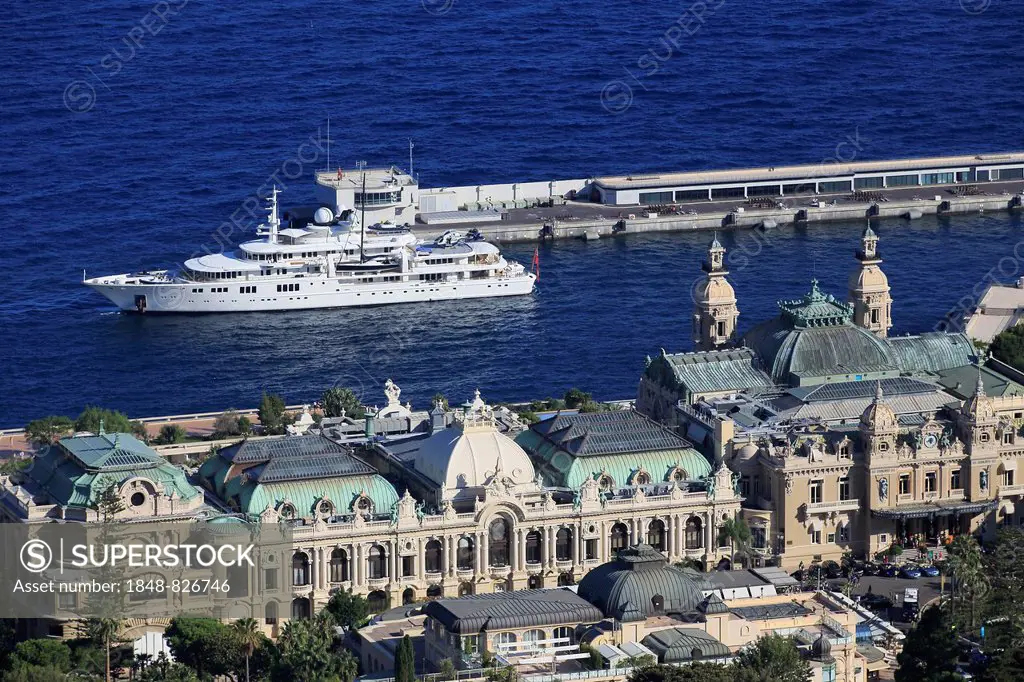 Nobis motor yacht Tatoosh at the entrance to the Port Hercules, Monte Carlo Casino, Monte-Carlo, Principality of Monaco, Mediterranean Sea