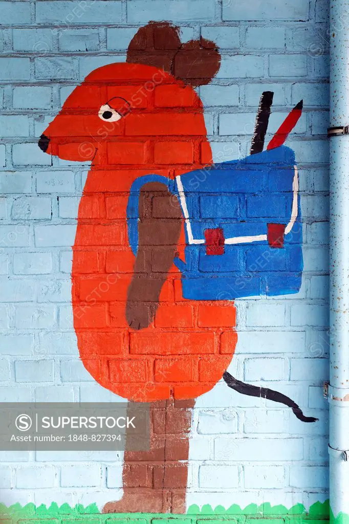 Mouse figure with satchel, mural in a school playground, Germany