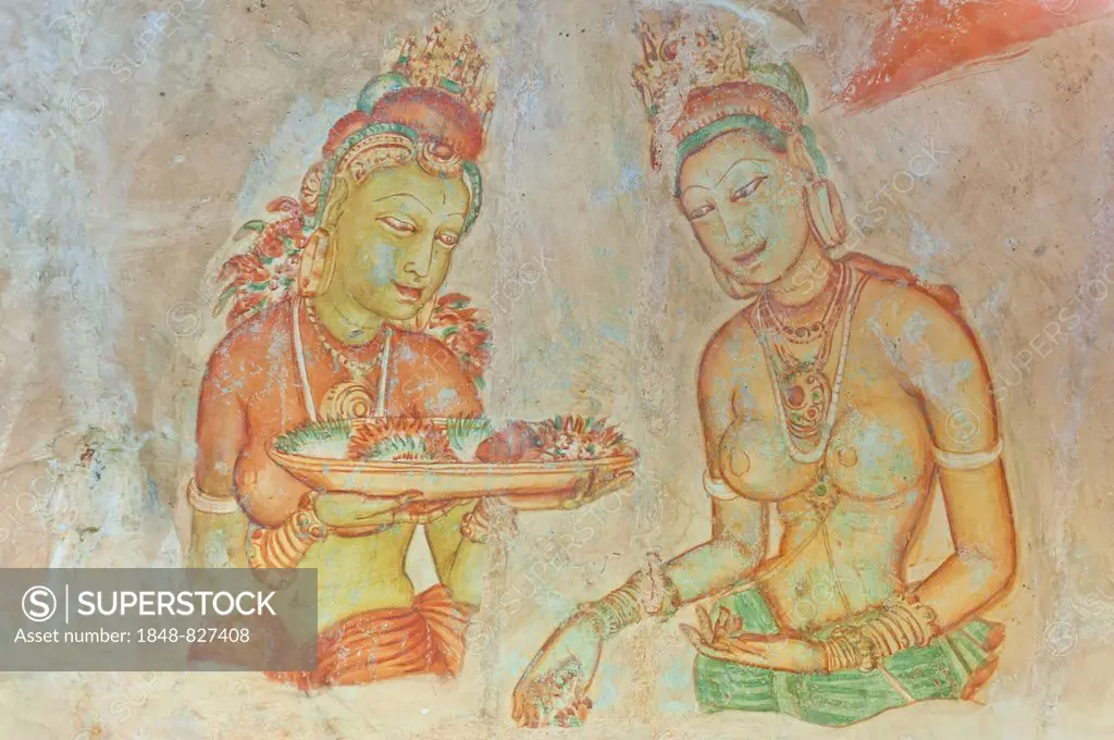 Fresco, bare-breasted woman with flowers, Apsaras, UNESCO World Heritage Site, Sigiriya, Sri Lanka