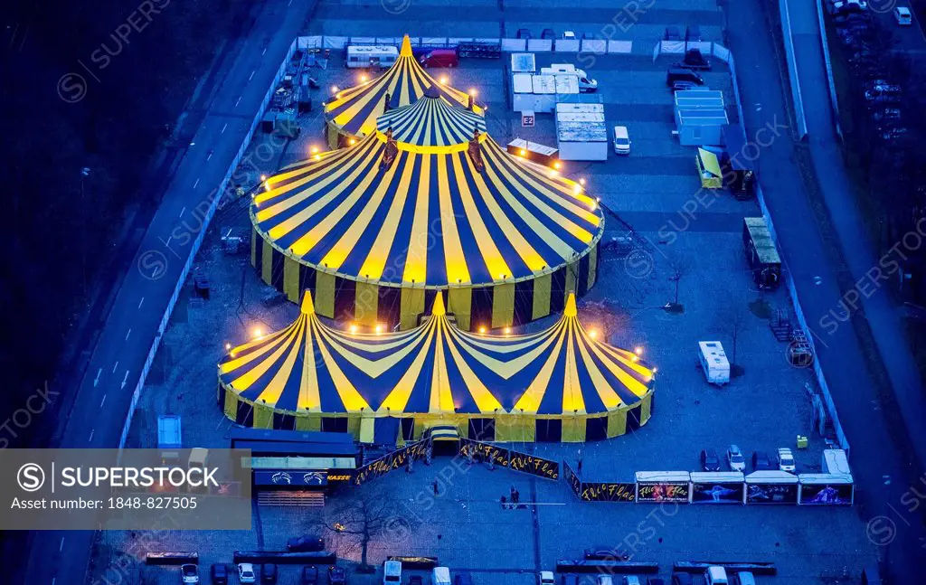 Tent of Circus FlicFlac, Christmas circus in the Ruhr area, show Schöne Firetage!, aerial view, Dortmund, Ruhr area, North Rhine-Westphalia, Germany