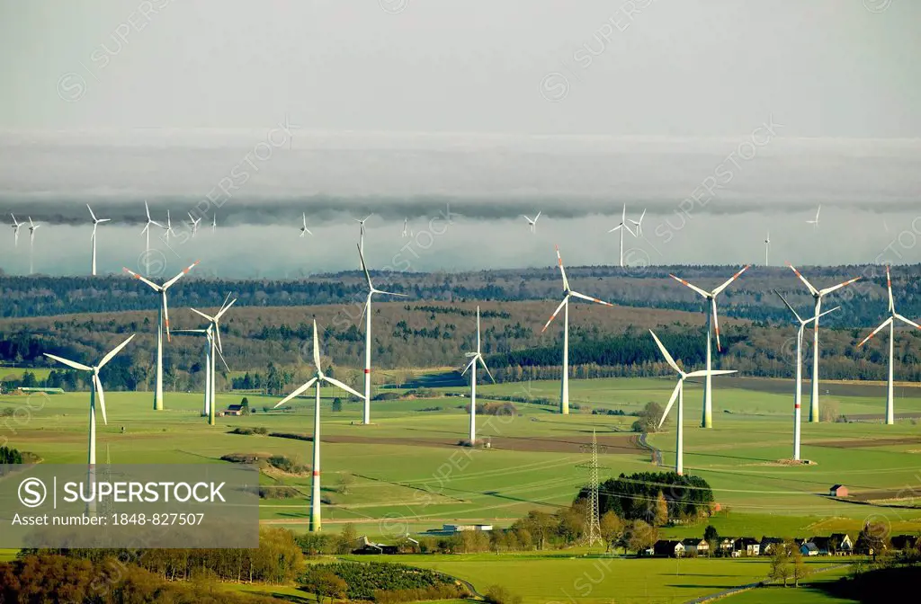 Wind turbines near Thülen, Brilon, Sauerland region, North Rhine-Westphalia, Germany