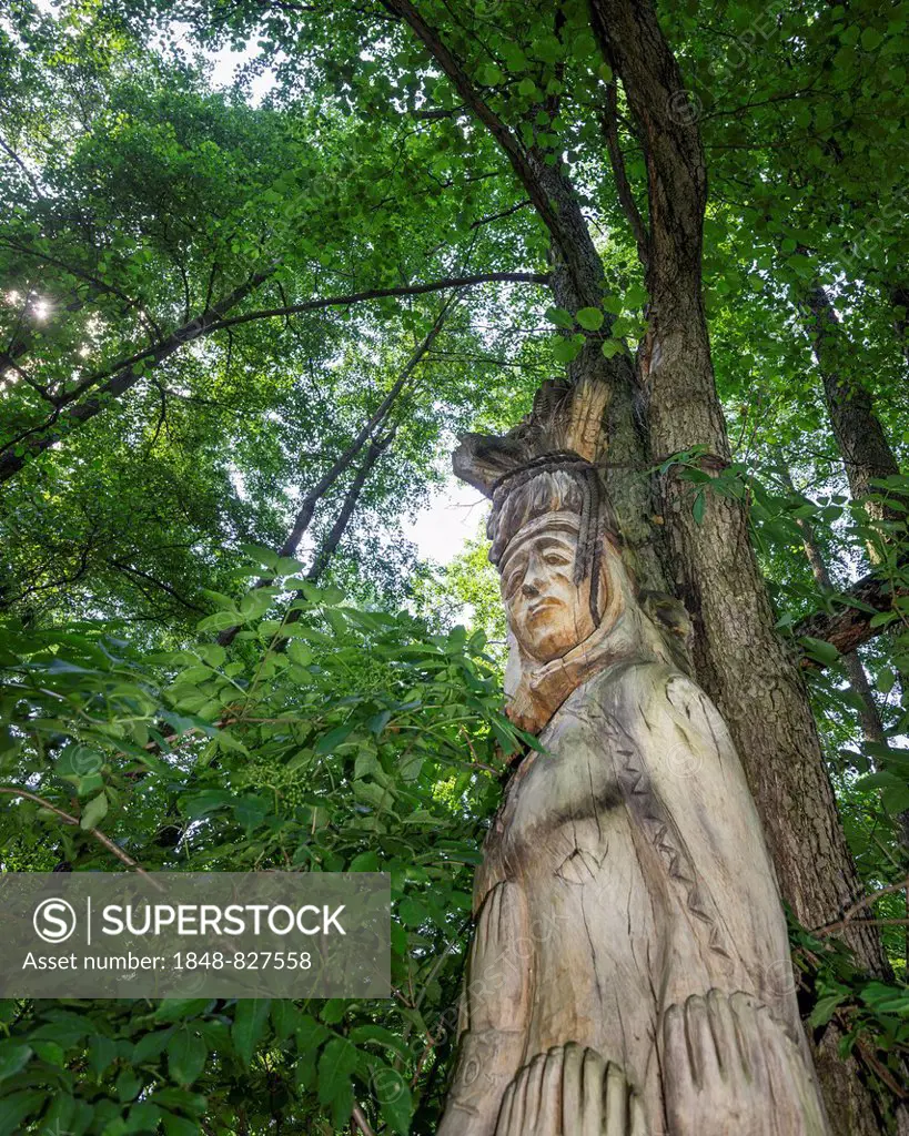 Wooden figure, Mazurski Eden or Masurian Garden of Eden, reconstruction of Galindian culture, Gmina Ruciane-Nida, Warmian-Masurian Voivodeship, Poland