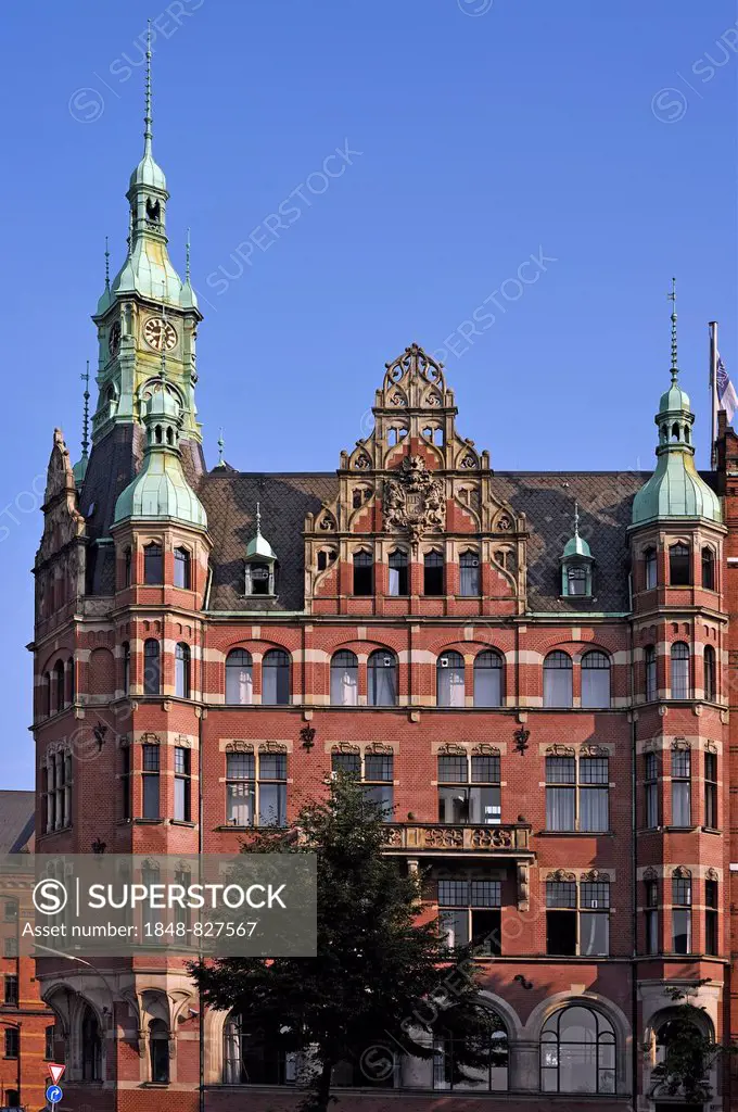 So-called harbor town hall in neo-Renaissance style, headquarters of HHLA, Speicherstadt historic warehouse district, Hamburg, Germany