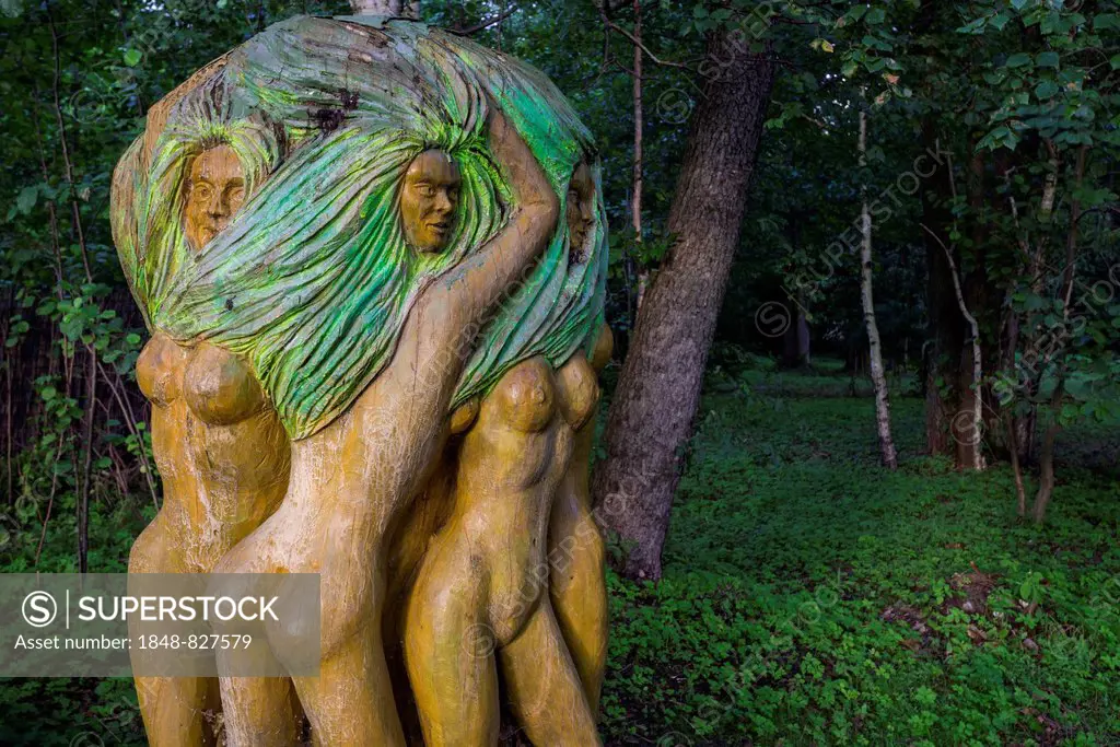 Painted wooden sculpture, Mazurski Eden or Masurian Garden of Eden, reconstruction of Galindian culture, Gmina Ruciane-Nida, Warmian-Masurian Voivodes...