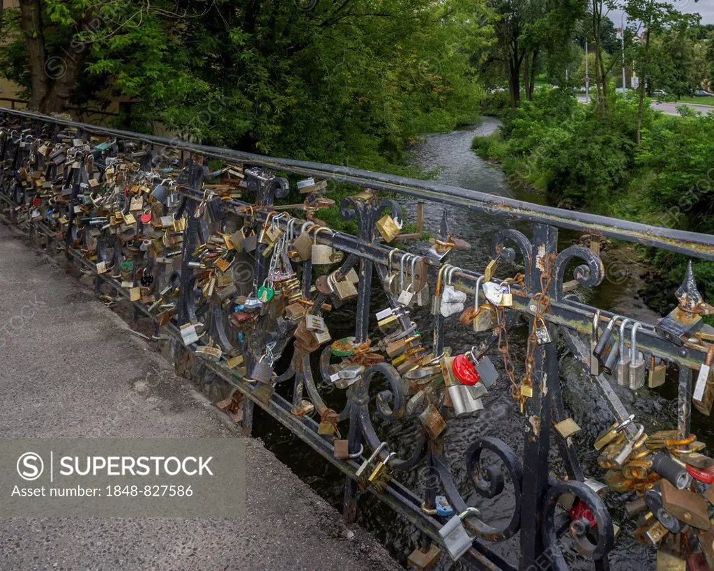 Love locks on the bridge over the Vilnia River, Senamiestis or Vilnius Old Town, Vilnius, Vilnius district, Lithuania