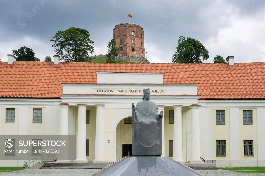 Monument of King Mindaugas in front of the National Museum, the Gediminas Tower at the back, Vilnius, Vilnius district, Lithuania
