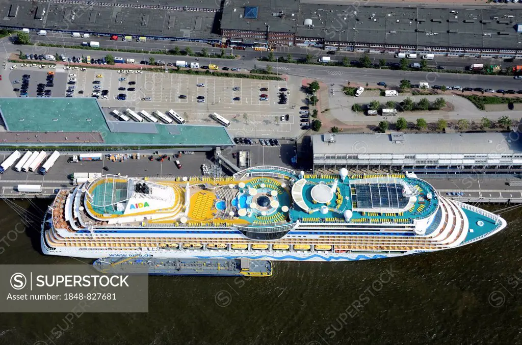 Aerial view, cruise ship Aida Luna at the cruise terminal in Hamburg-Altona, Hamburg, Germany
