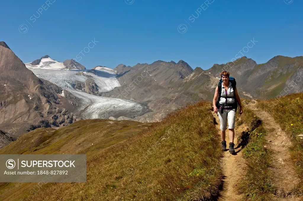 Female hiker on a trail, Mt Blinnenhorn or Corno Cieco with the Gries Glacier at the back, Valais, Switzerland