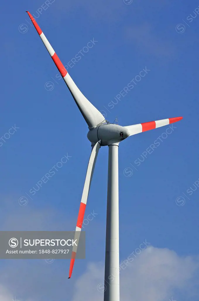 Wind turbine against blue sky, Rhena, Mecklenburg-Vorpommern, Germany