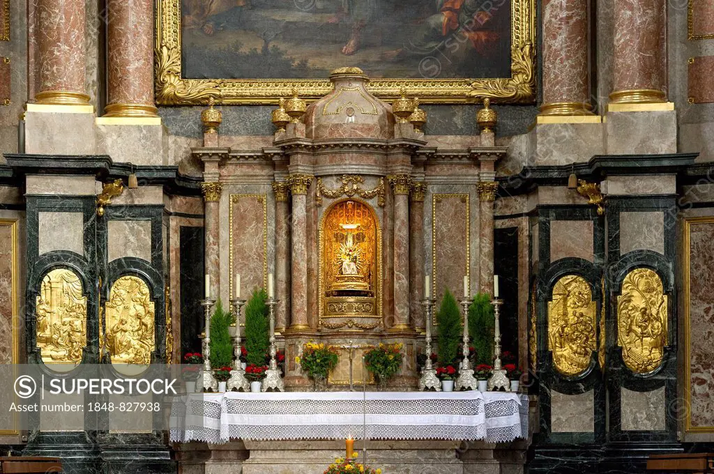 High altar with the miraculous image in the tabernacle, baroque Church of the Assumption of St. Mary, Ettal Abbey, Ettal, Upper Bavaria, Bavaria, Germ...