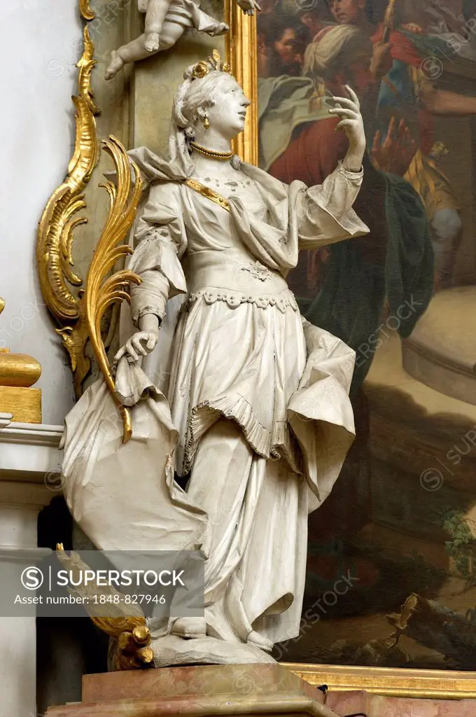 Figure of St. Agatha, by J.B. Straub, baroque Church of the Assumption of St. Mary, Ettal Abbey, Ettal, Upper Bavaria, Bavaria, Germany
