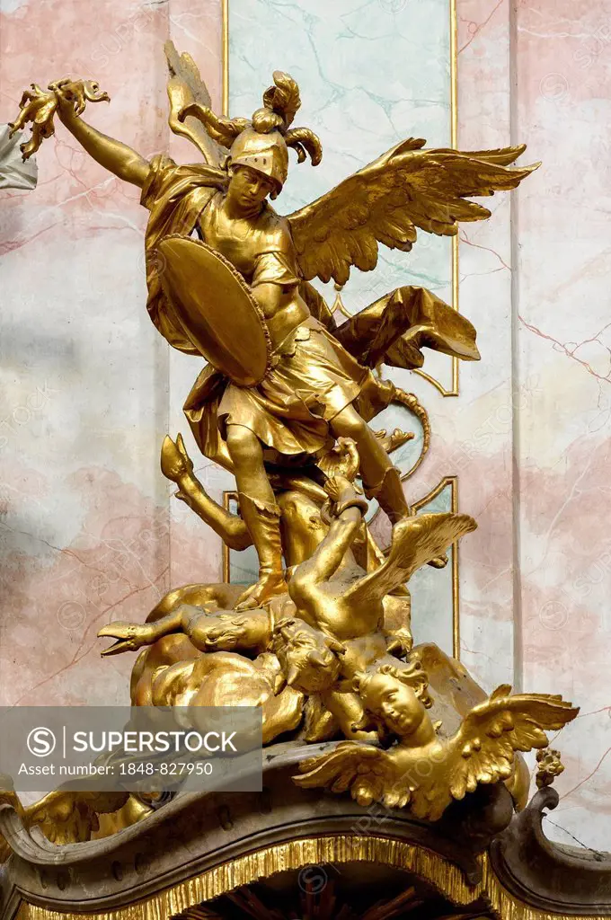Archangel Michael on the pulpit by J.B. Straub, baroque Church of the Assumption of St. Mary, Ettal Abbey, Ettal, Upper Bavaria, Bavaria, Germany