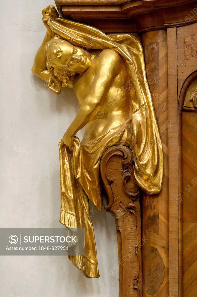 Atlas figure at the confessional, by Bartholomew Zwinck, baroque Church of the Assumption of St. Mary, Ettal Abbey, Ettal, Upper Bavaria, Bavaria, Ger...
