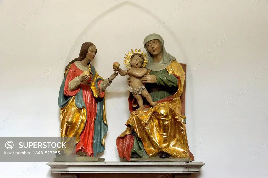 Gothic Marian group in the lobby, baroque Church of the Assumption of St. Mary, Ettal Abbey, Ettal, Upper Bavaria, Bavaria, Germany