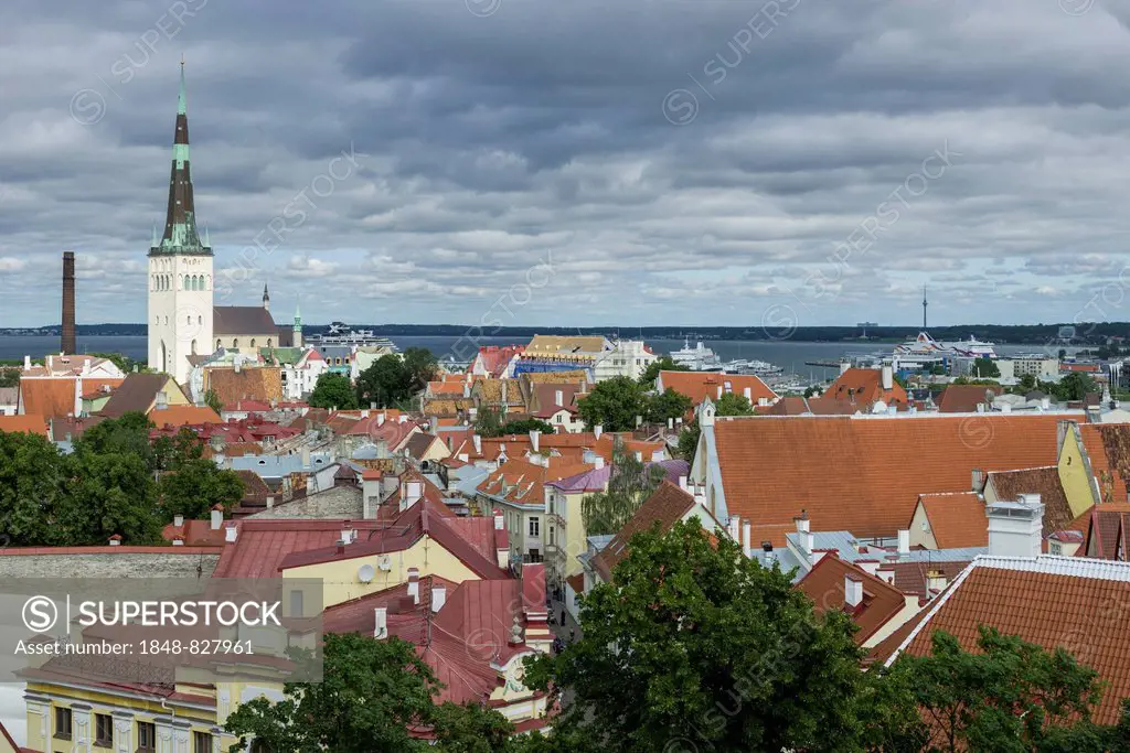 View over the historic town centre towards St. Olaf's Church, Vanalinn, Tallinn, Harju, Estonia