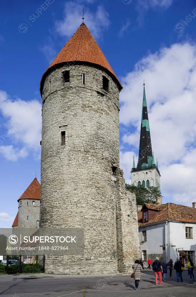 Towers of the town fortification with St. Olaf's Church, Vanalinn, Tallinn, Harju, Estonia