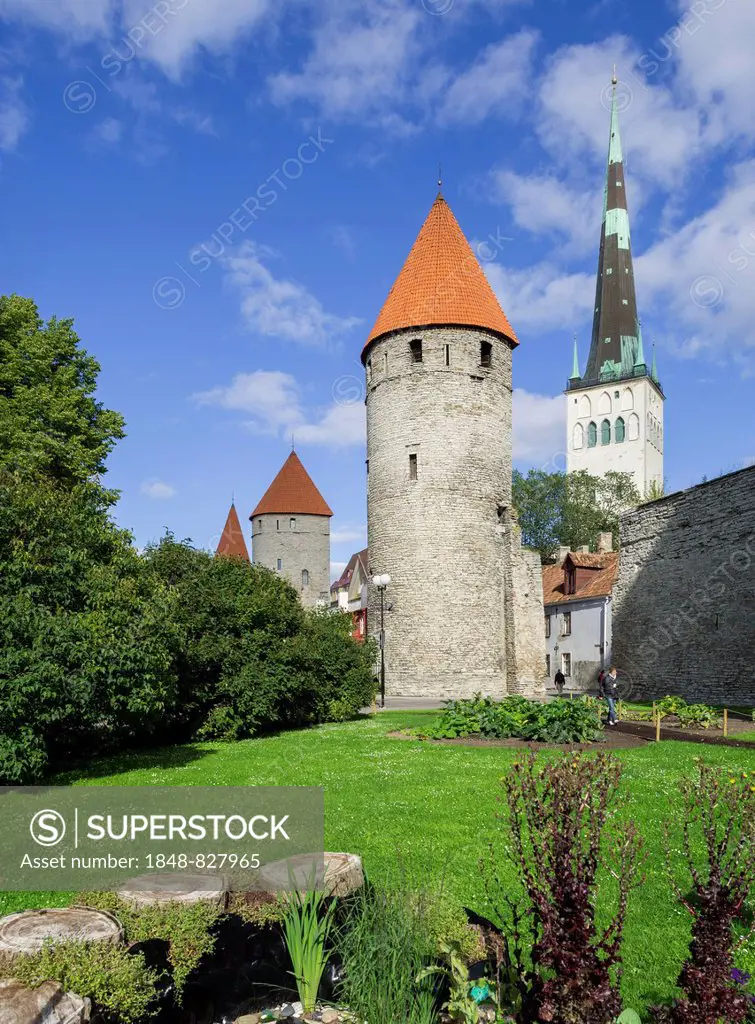 Towers of the town fortification with St. Olaf's Church, Vanalinn, Tallinn, Harju, Estonia