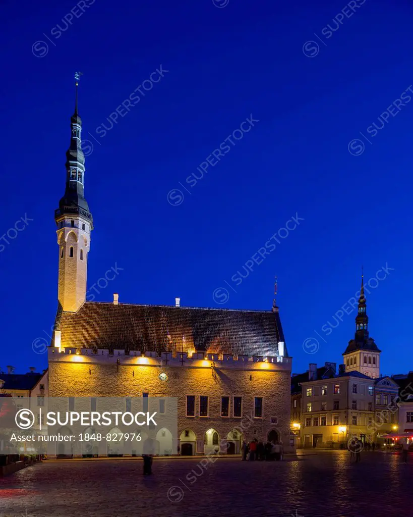 Town Hall with St. Nicholas Church in the evening, Vanalinn, Tallinn, Harju, Estonia