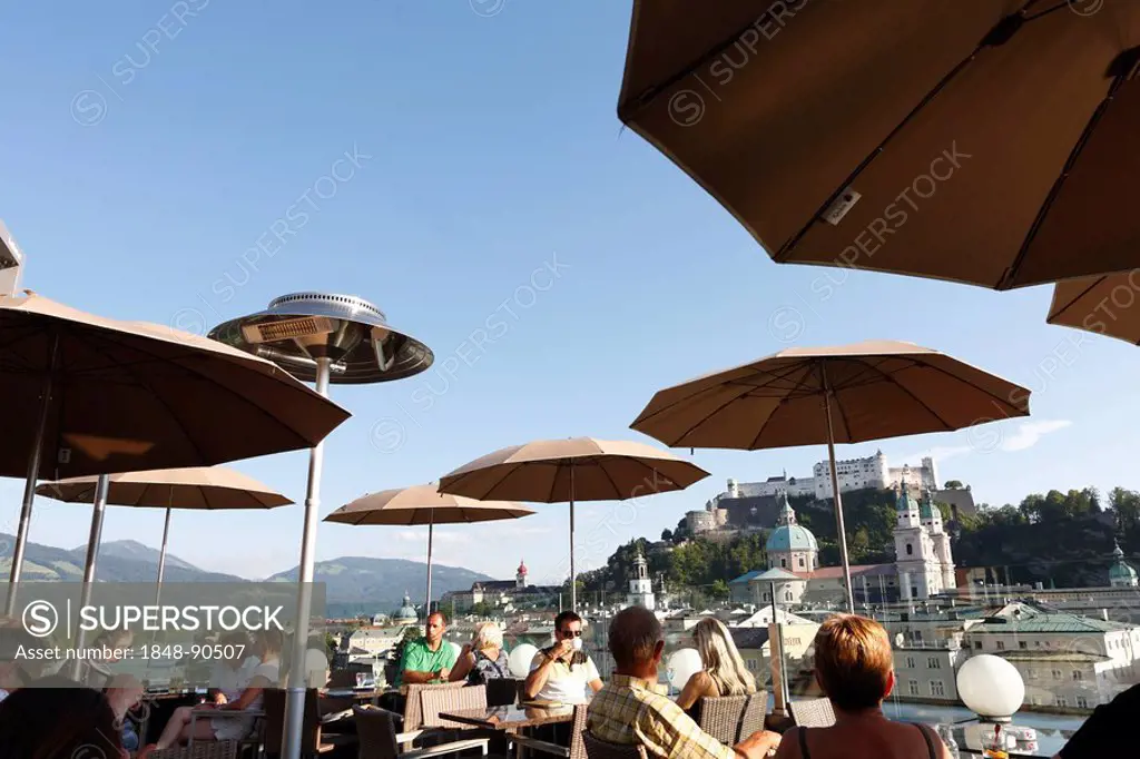 Café Steinterrasse, cafe terrace at Hotel Stein, Festung Hohensalzburg, Hohensalzburg Fortress, Salzburg, Austria, Europe