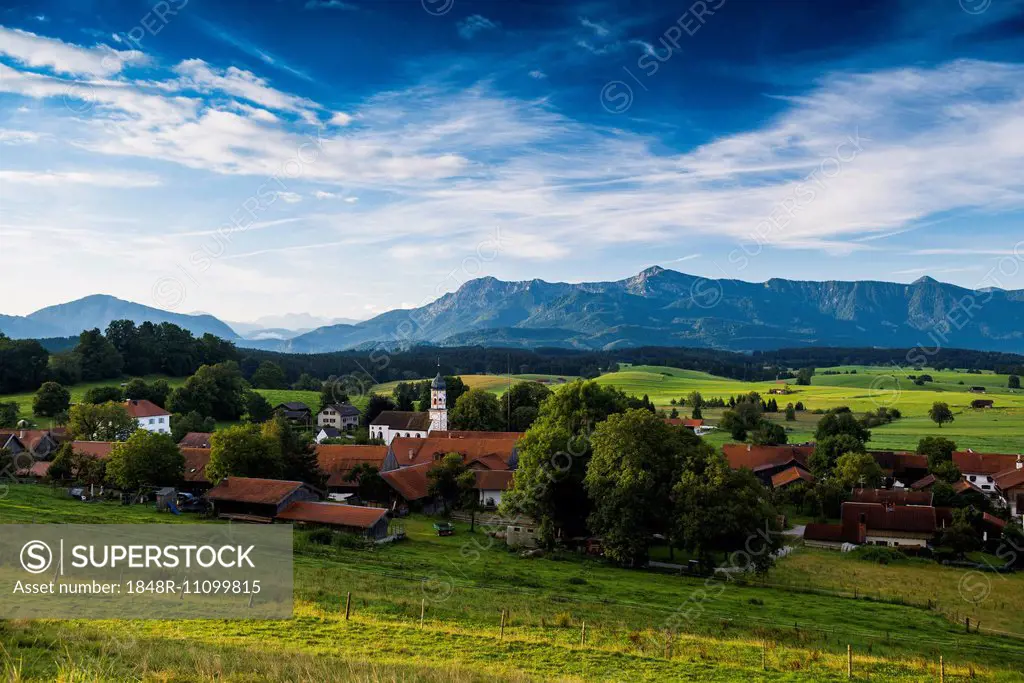View of the village of Aidling, Upper Bavaria, Bavaria, Germany