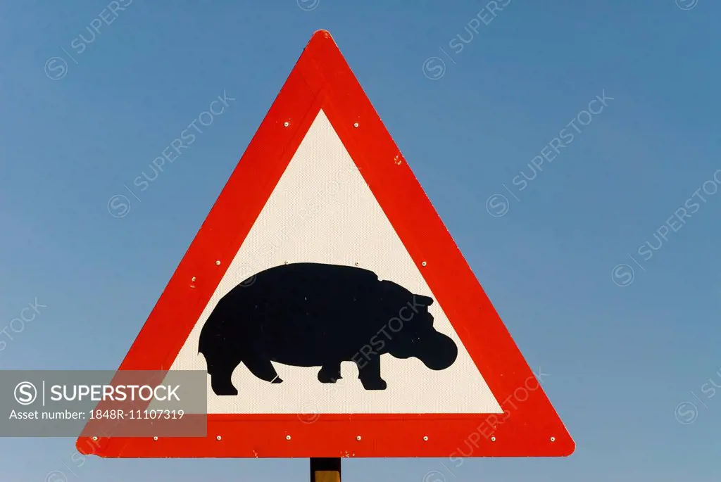 Warning sign, hippos crossing, South Africa