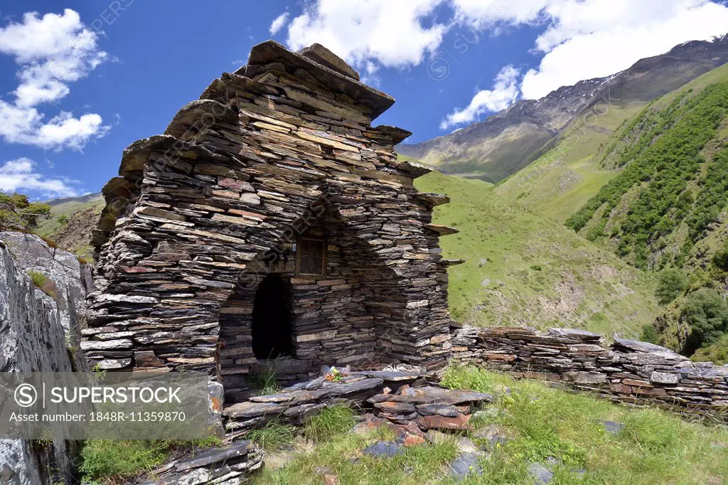 Medieval church built from layered stones, Mutso, High Caucasus, Mtskheta-Mtianeti region, Georgia
