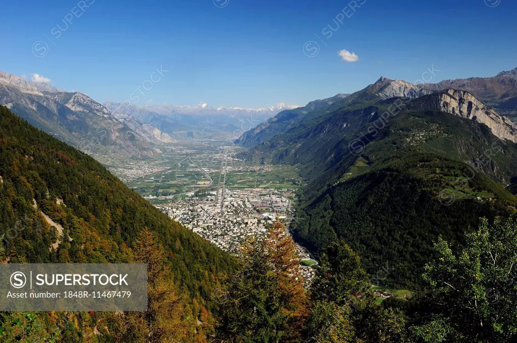 The view of the Rhone valley from Martigny to Sierre and Leukerbad, Canton of Valais, Switzerland