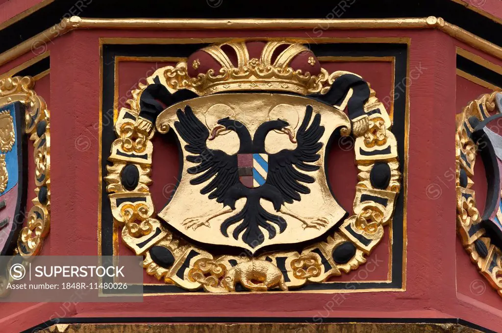 Coat of arms of Emperor Maximilian at the Historisches Kaufhaus, historical department store, 1520, Freiburg, Baden-Württemberg, Germany