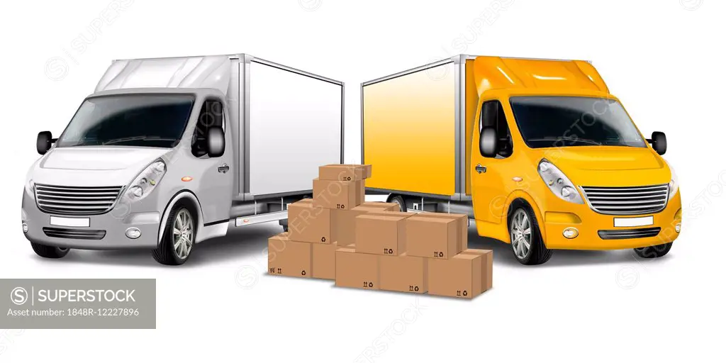 Parcel delivery van, delivery of goods, transportation, logistics and cardboard boxes, illustration