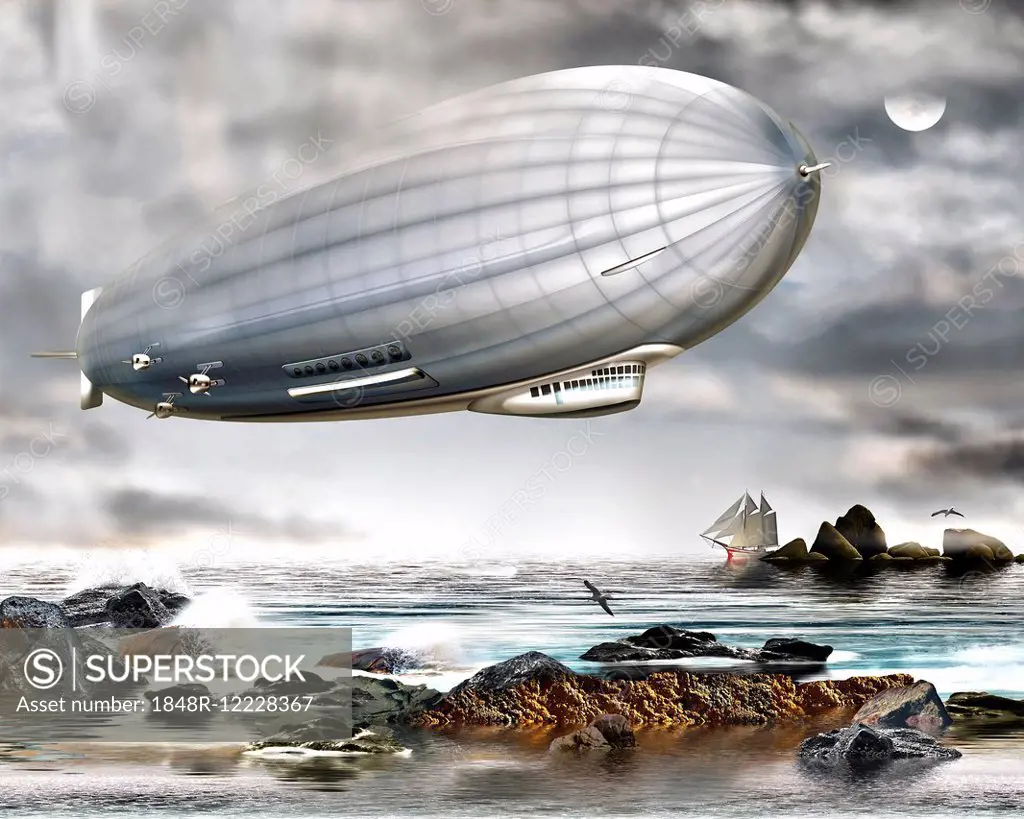Zeppelin over the ocean, illustration
