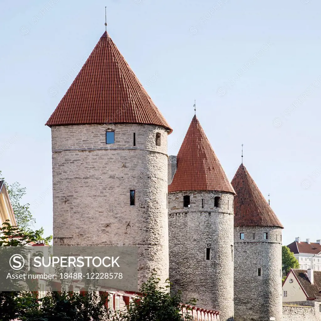 City wall with wall towers on the square of the towers, Tallinn, Estonia