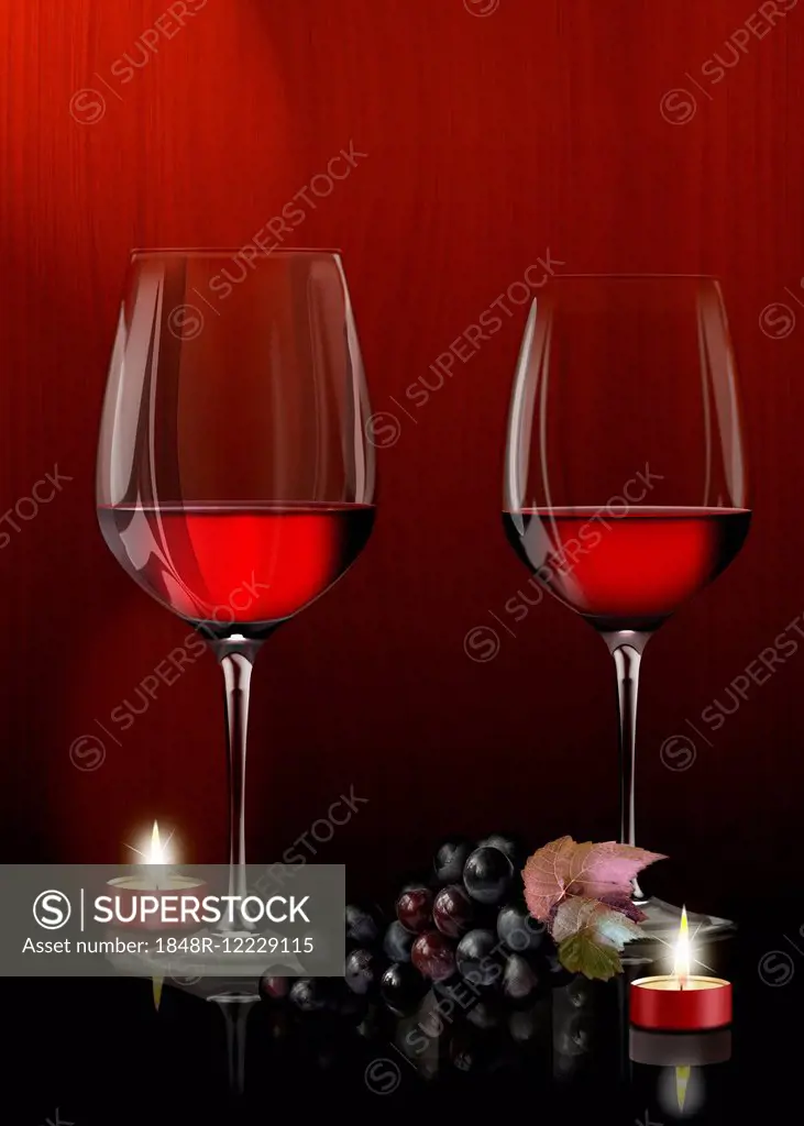 Two glasses of red wine, grapes, rings, candlelight dinner, illustration