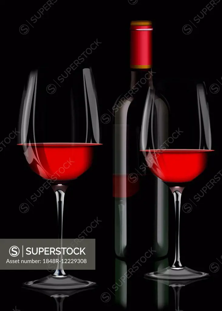 Two red wine glasses with a red wine bottle against black, illustration