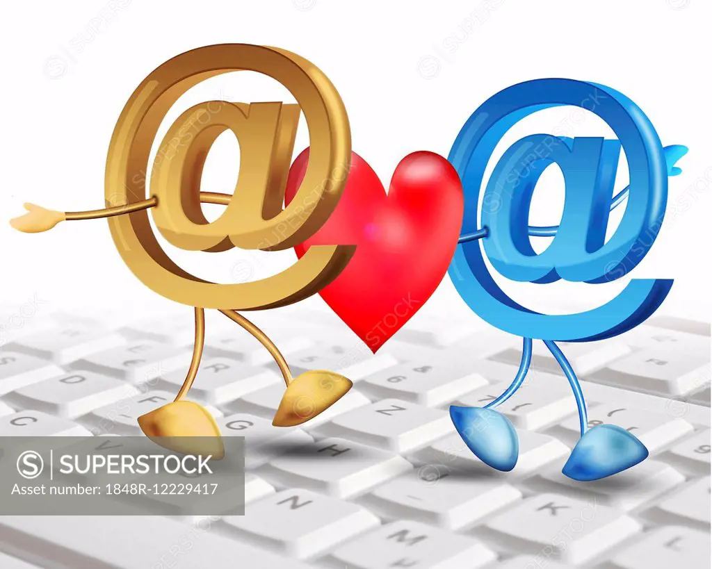 Two at-signs with legs and feet and a heart on a keyboard, online dating, illustration