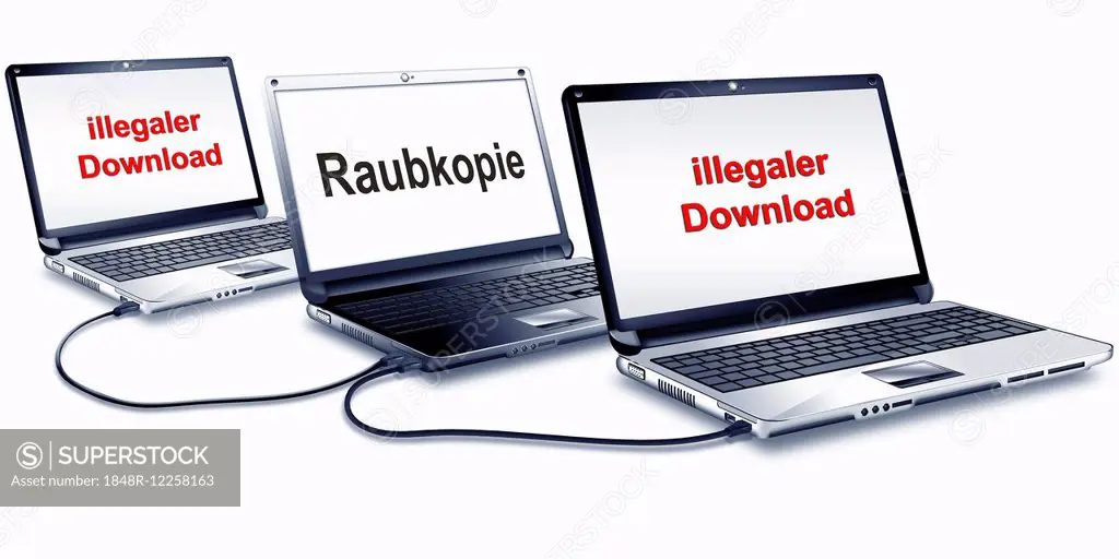Three laptops, with labels illegaler Download and Raubkopie, German for illegal downloads and pirated copy, illustration