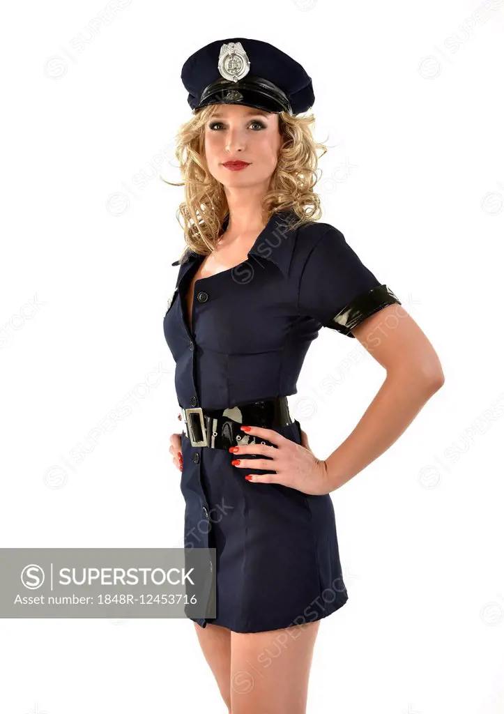 Policewoman in American police uniform, costume
