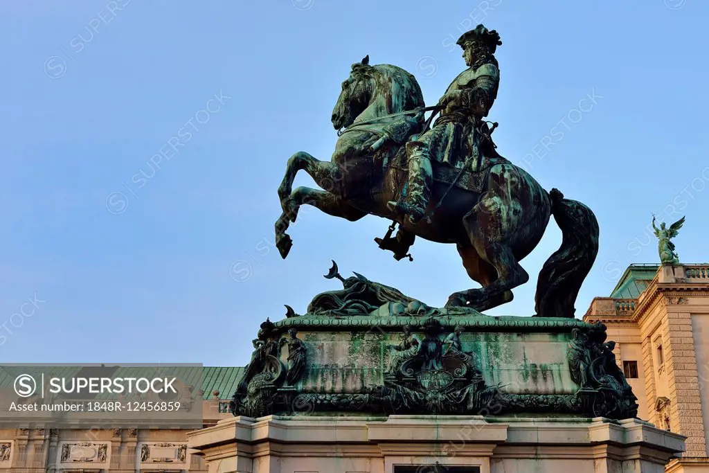 Equestrian statue of Prince Eugene in front of Hofburg Palace at Heldenplatz square, Innere Stadt district, Vienna, Austria